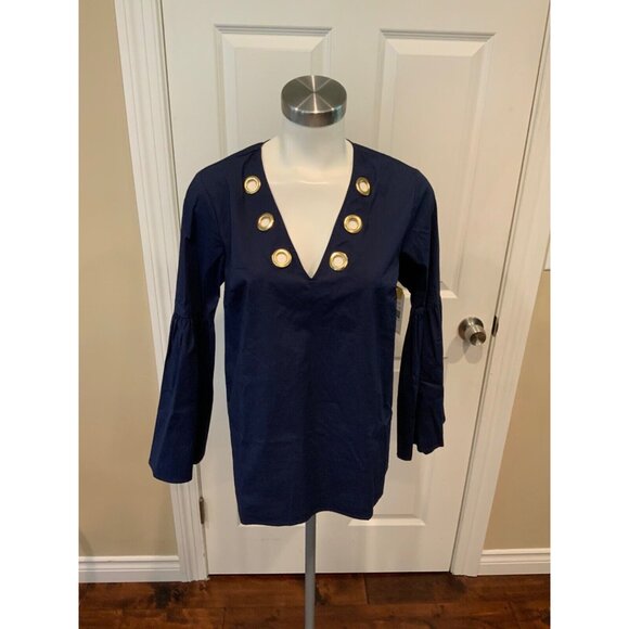 Michael Kors Navy Blue W/ Gold Detail & Trumpet Sleeves Shirt, Size Small - Picture 1 of 6